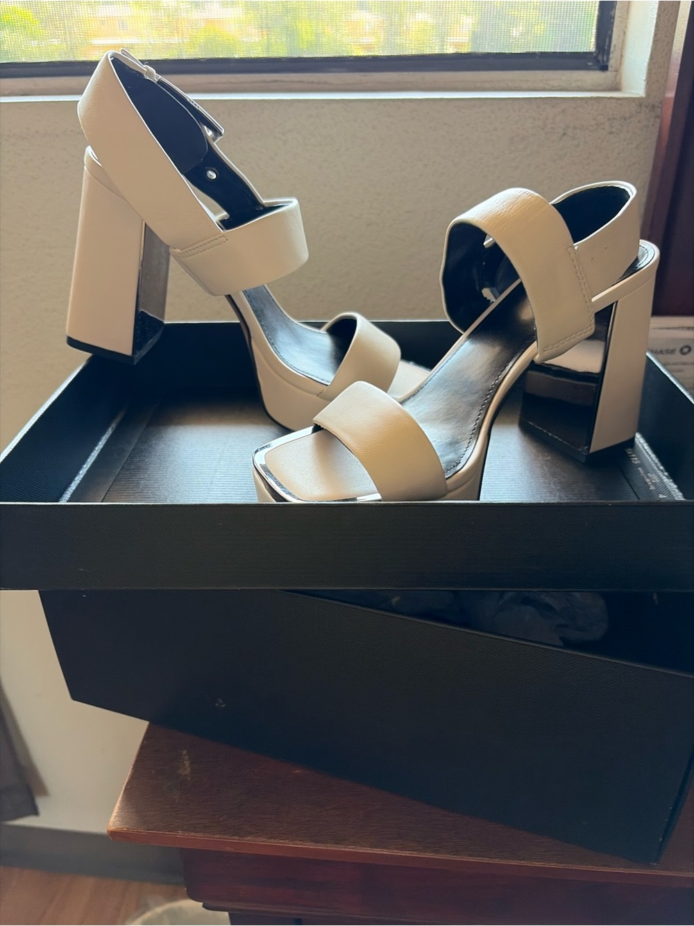 DKNY Cream Block Heel Sandals with Ankle Strap